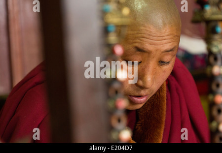 Nepal Himalaya monaca buddista presso il monastero Kharigandentenphelling nel villaggio di Thamo Solukhumbu Mt Everest 90 Foto Stock