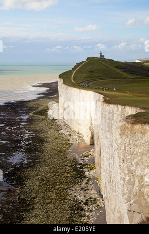 Scogliere di Beachy Head sulla South Downs guardando ad ovest verso la Belle Tout faro Foto Stock