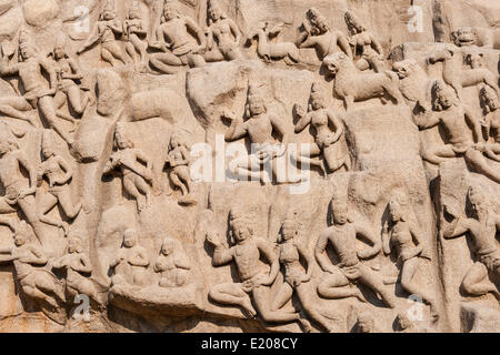 Il bassorilievo della discesa del Gange, Mahabalipuram, Mamallapuram, Tamil Nadu, Kanchipuram, India Foto Stock