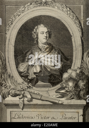 Di Luigi XV di Francia (1710-1774). Louis l amata. Il re di Francia e Navarra. Incisione di Triebmann. Historia Universale, 1885. Foto Stock