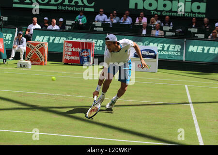 Halle / Westfalen, Germania. Il 12 giugno 2014. Portoghese Tennis Player Joao Sousa colpi di rovescio volley durante il Gerry Weber Open, Gerry-Weber-Stadion, Halle / Westfalen (Germania) il 12.06.2014. Ha giocato la sua seconda partita contro Roger Federer (SUI). Foto: Janine Lang / International-Sport-Foto / Janine Lang / International-Sport-Foto/Alamy Live News Foto Stock