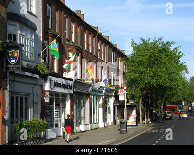 Bandiere nazionali dei paesi concorrenti linea Teddington High Street per contrassegnare l'inizio del 2014 FIFA Football World Cup in Brasile. Credito: Ian bottiglia/Alamy Live News Foto Stock