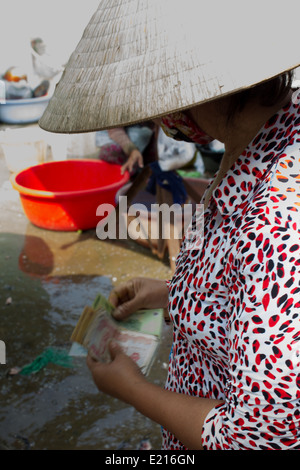 Il Delta del Mekong è un acquoso paesaggio di campi verdi e villaggi assonnato, i suoi abitanti cordiale e accogliente per i turisti. Foto Stock