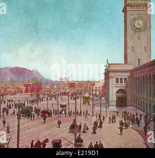 L'Unione stazione dei traghetti che mostra il terremoto e incendio devastò acqua sezione anteriore di San Francisco, California, 1906 Foto Stock