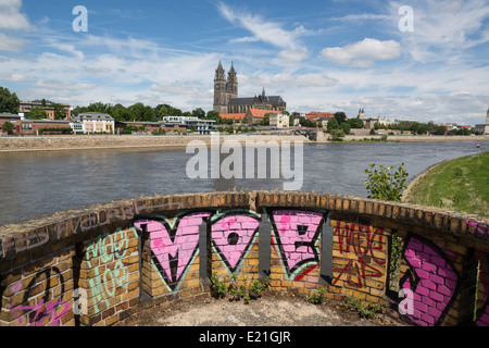 Vista su Magdeburg, la cattedrale e il fiume Elba visto dal vecchio ponte elevatore, Germania Foto Stock