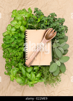 Ricettario con varietà di erbe fresche e decorazione. sfondo di cottura Foto Stock