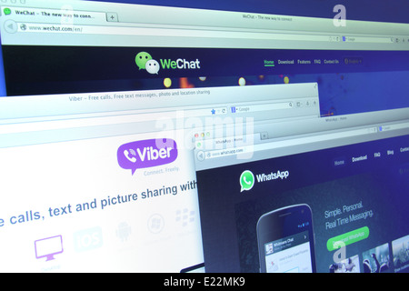 Foto di WhatsApp, WeChat e Viber su schermo di un monitor. Essi sono famosi in applicazione di messaggistica istantanea per smartphone Foto Stock