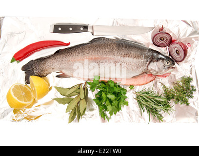 Raw trota salmone pesce fresco con erbe e spezie su sfondo bianco Foto Stock