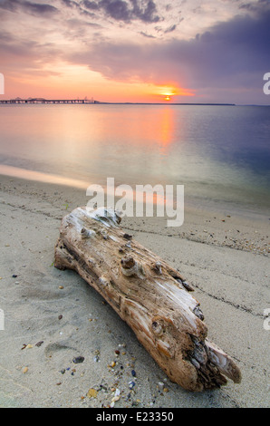 Tramonto sulla baia di Chesapeake da Terrapin Beach Park sulla Maryland Eastern Shore, con il ponte della baia in background. Foto Stock