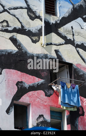 Windows e di asciugatura della biancheria su un edificio dipinto in Callejón de Hamel, Central Havana, Cuba. Foto Stock