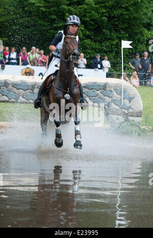 Eventer tedesca Bettina Hoy salta sopra un ostacolo sul suo cavallo Designer durante il cross-country evento in Luhmuehlen, Germania, 14 giugno 2014. Foto: PHILIPP SCHULZE/DPA Foto Stock