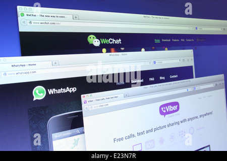 Foto di WhatsApp, WeChat e Viber su schermo di un monitor. Essi sono famosi in applicazione di messaggistica istantanea per smartphone Foto Stock