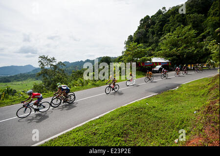 A ovest di Sumatra, Indonesia. Il 15 giugno, 2014. Competere per i ciclisti durante la tappa 9 della Tour de Singkarak 2014 da Padang Panjang di Solok City con una distanza di 120,5 km a ovest della provincia di Sumatra, Indonesia, 15 giugno 2014. Brenton Jones di Australia da Avanti Racing Team vince la tappa. Credit: Veri Sanovri/Xinhua/Alamy Live News Foto Stock