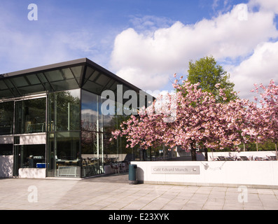 Il museo di Munch Oslo Norvegia, vista esterna con ingresso e cafe, la primavera con la fioritura dei ciliegi Foto Stock