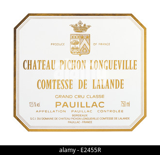 Chateau Pichon Longueville Comtesse de Lalande Grand cru classe Pauillac vino rosso etichetta Foto Stock