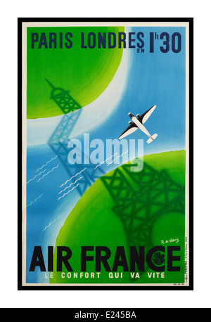 Vintage Air France travel poster di promozione volo da Parigi a Londra in 1 ora e trenta minuti Foto Stock