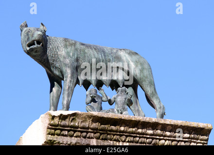 La lupa infermieristica mentre i gemelli fondatori di Roma con cielo blu sullo sfondo Foto Stock