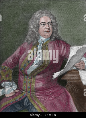 George Friedrich Haendel (1685-1759). Il tedesco nato il compositore barocco. Incisione di William Bromley (1769-1842). Colore. Foto Stock