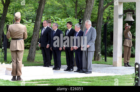 Budapest, Ungheria. 16 Giugno, 2014. Presidente slovacco Andrej Kiska (L-R), Presidente polacco Bronislaw Komorowski, Presidente ungherese Arpad Goencz, Presidente tedesco Joachim Gauck, presidente ceco Zeman partecipare a una riunione dei presidenti dei membri del gruppo di Visegrad e della Germania in occasione del XXV anniversario della rivoluzione nonviolenta presso il Nuovo Cimitero centrale a Budapest, Ungheria, 16 giugno 2014. Foto: Wolfgang Kumm /dpa/Alamy Live News Foto Stock