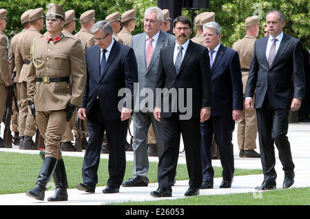 Budapest, Ungheria. 16 Giugno, 2014. Il Presidente polacco Bronislaw Komorowski (L-R), presidente ceco Zeman, Presidente ungherese Arpad Goencz, Presidente tedesco Joachim Gauck e Presidente slovacco Andrej Kiska partecipare a una riunione dei presidenti dei membri del gruppo di Visegrad e della Germania in occasione del XXV anniversario della rivoluzione nonviolenta presso il Nuovo Cimitero centrale a Budapest, Ungheria, 16 giugno 2014. Foto: Wolfgang Kumm /dpa/Alamy Live News Foto Stock