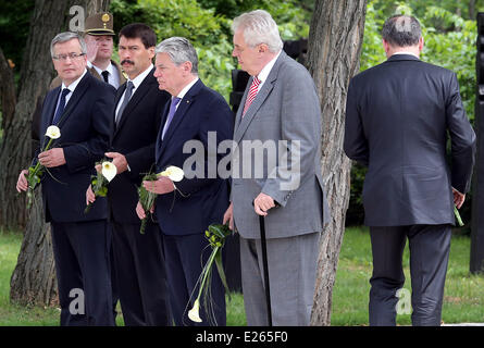 Budapest, Ungheria. 16 Giugno, 2014. Il Presidente polacco Bronislaw Komorowski (L-R), Presidente ungherese Arpad Goencz, Presidente tedesco Joachim Gauck e presidente ceco Zeman lay fiori sulla tomba di Imre Nagy presso la nuova cerimonia centrale a Budapest, Ungheria, 16 giugno 2014. I presidenti dei membri del gruppo di Visegrad e della Germania ha incontrato in occasione del XXV anniversario della rivoluzione non violenta. Foto: WOLFGANG KUMM /DPA/Alamy Live News Foto Stock