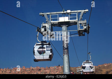 La Paz in Bolivia. 16 Giugno, 2014. Gondole sotto forma di un campo di calcio il viaggio con il nuovo cavo auto / cabinovia di collegamento tra sistema di La Paz e El Alto. Diverse le gondole sono state modificate per una progettazione di calcio per celebrare la Coppa del Mondo 2014 attualmente detenute in Brasile. La prima delle tre linee della cabinovia è stato inaugurato il 30 maggio 2014, in totale essi costituiranno la più lunga e la più alta sistema di cabinovia urbana nel mondo. Credito: James Brunker / Alamy Live News Foto Stock