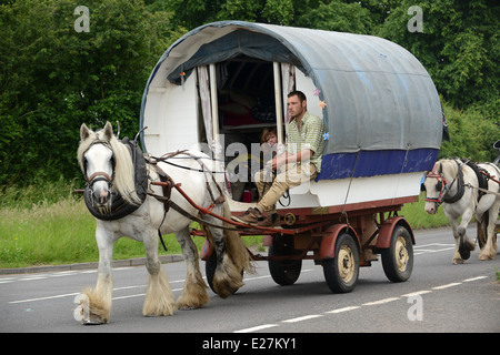 I viaggiatori in prua top cavallo e caravan in viaggio lungo la strada trafficata in West Midlands Uk / viaggiatori carro gypsy romany Regno Unito Foto Stock