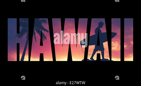 In stile retrò cartolina per Hawaii con palme e Surfer