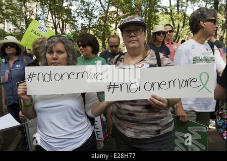 I residenti di Newtown portano la bandiera che dice "non uno più" alla seconda marcia annuale del ponte di Brooklyn e Rally per porre fine alla violenza di Gun, 14 giugno 2014. Foto Stock