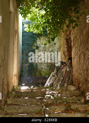 Due vecchie biciclette puntellato contro una parete in corrispondenza della parte superiore di alcuni vecchi passaggi con la luce del sole di scopare attraverso gli alberi Foto Stock