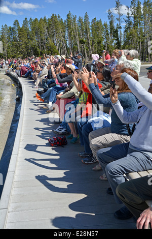 Per la maggior parte dei turisti tramite telefono cellulare, scattare foto di geyser Old Faithful eruttando nel Parco Nazionale di Yellowstone Foto Stock