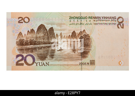 Il cinese 20 RMB o Yuan posteriore di ciascun bill isolato su uno sfondo bianco con un tracciato di ritaglio Foto Stock