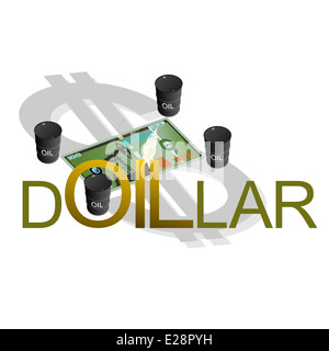 Abstract Dollar circondato da barili di petrolio. Immagine su sfondo bianco. Foto Stock