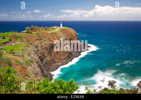 Caratteristico Faro Kilauea sulla splendida costa occidentale di Kauai, il Giardino Isola di Hawaii Foto Stock