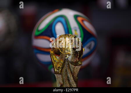 Tehran, Iran. 16 Giugno, 2014. Una copia di FIFA 2014 palla e coppa del mondo sono esposti per la vendita ad una usura sport shop nel centro di Teheran. Credito: Morteza Nikoubazl/ZUMA Press/Alamy Live News Foto Stock