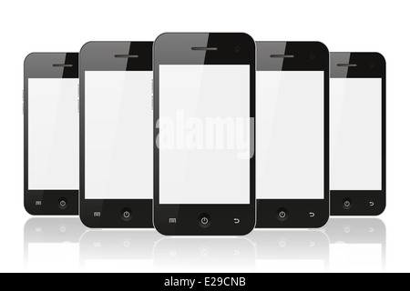 Nero smart phone con la riflessione su sfondo bianco Foto Stock