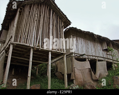 Bassa angolazione delle tradizionali case di legno in Uganda (Africa) Foto Stock
