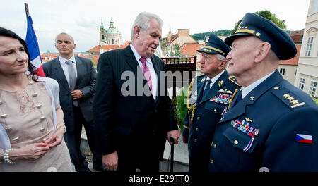 Praga, Repubblica Ceca. 17 Giugno, 2014. Il presidente ceco Zeman, centro parla di veterani di guerra Emil Bocek, secondo da destra e Alois Dubec, destra, presso la reception per celebrare il compleanno della Regina Elisabetta II. sulla terrazza dell'Ambasciata britannica a Praga, Martedì, 17 giugno 2014. La celebrazione è stata associata con il ringraziare cecoslovacco di veterani di guerra che hanno servito nella Royal Air Force britannica nella Seconda Guerra Mondiale. Nella foto a sinistra è Jan Thompson, Sua Maestà Britannic è ambasciatore della Repubblica ceca. Credito: CTK/Alamy Live News Foto Stock