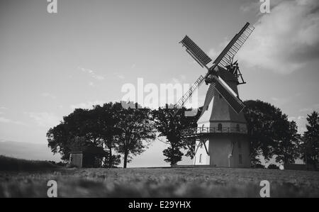 Un mulino a vento storico vicino mediante un cornfield, 5 giugno 2014 in Sprengel, Bassa Sassonia, Germania. Foto Stock