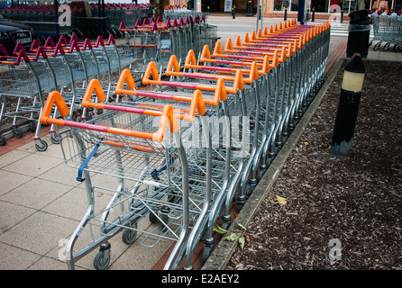 Linee di vuoto carrelli per supermercati in attesa di utilizzo da parte dei clienti Foto Stock