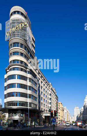 Spagna, Madrid, la Gran Via, il centro cittadino di arteria principale, Carrion edificio progettato dagli architetti Luis Martinez-Feduchi e Vicente Eced y Foto Stock