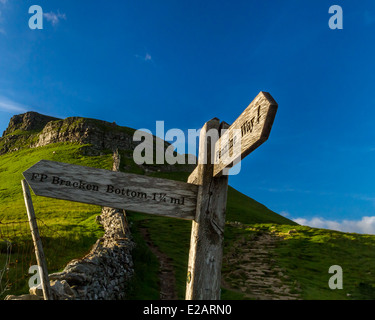 Pennine Way Signpost su Pen-y-Ghent montagna, Yorkshire Dales campagna la mattina presto, REGNO UNITO Foto Stock