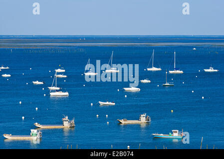 Francia, Gironde, Baia di Arcachon, l'herbe, barche a vela e gli allevatori di ostriche su acqua Foto Stock