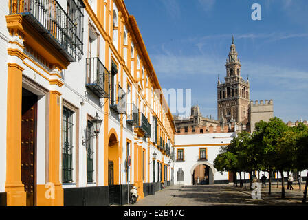 Spagna, Andalusia Siviglia, Barrio de Santa Cruz, Giralda minareto almohade stile cattedrale jouxant elencati come il mondo Foto Stock