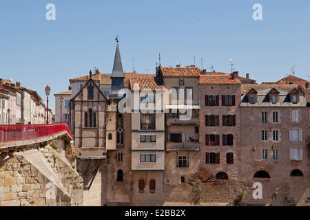 Francia e Lot et Garonne, Villeneuve sur Lot, la Bastide (città medievale fortificata), Pont Vieux (ponte vecchio) o Pont des Cieutat oltre il fiume Lot Foto Stock