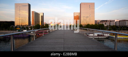 Francia, Parigi, Senna banche, elencato come patrimonio mondiale dall UNESCO, Passerelle Simone de Beauvoir dall'architetto Dietmar Feichtinger e Biblioteca Nazionale di Francia Francois Mitterand dall'architetto Dominique Perrault Foto Stock