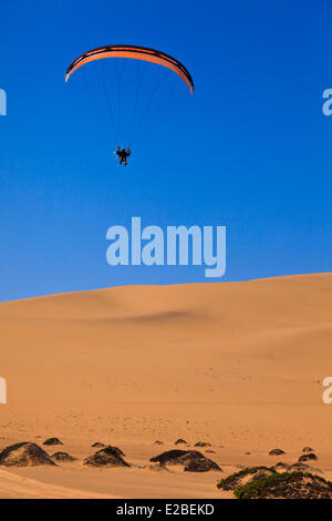 La Namibia, Regione di Erongo, tra Sawkopmund e Walvis Bay, la spiaggia e le dune di sabbia, paramotor (vista aerea) Foto Stock