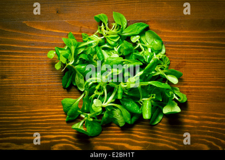 Insalata di mais, la valeriana sul vecchio tavolo in legno Foto Stock