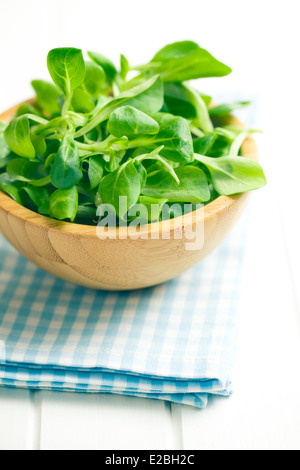 Insalata di mais, la valeriana su bianco tavolo in legno Foto Stock