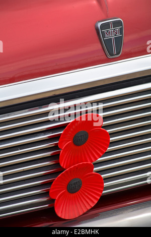 Red Mini auto con due ricordo papaveri rossi sulla griglia a Bournemouth ruote Festival di Maggio Foto Stock